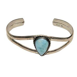 Dali 925 Sterling Silver Larimar Blue Teardrop Cuff Bracelet, Signed